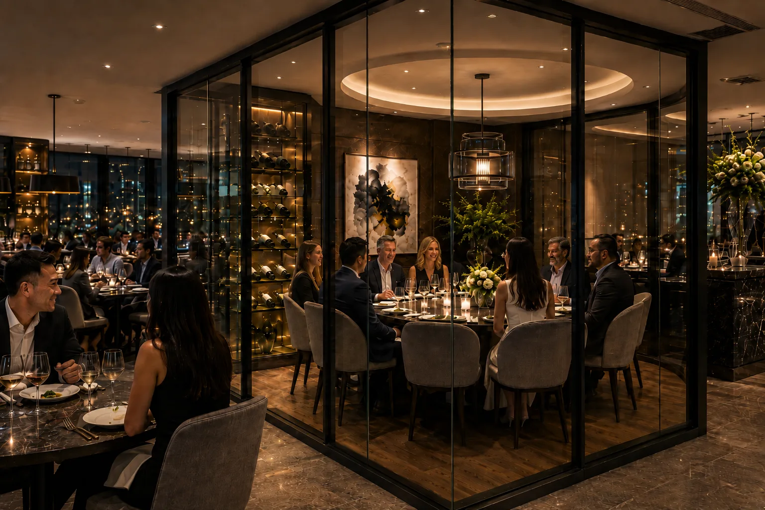 Restaurant private dining room with clear smart glass