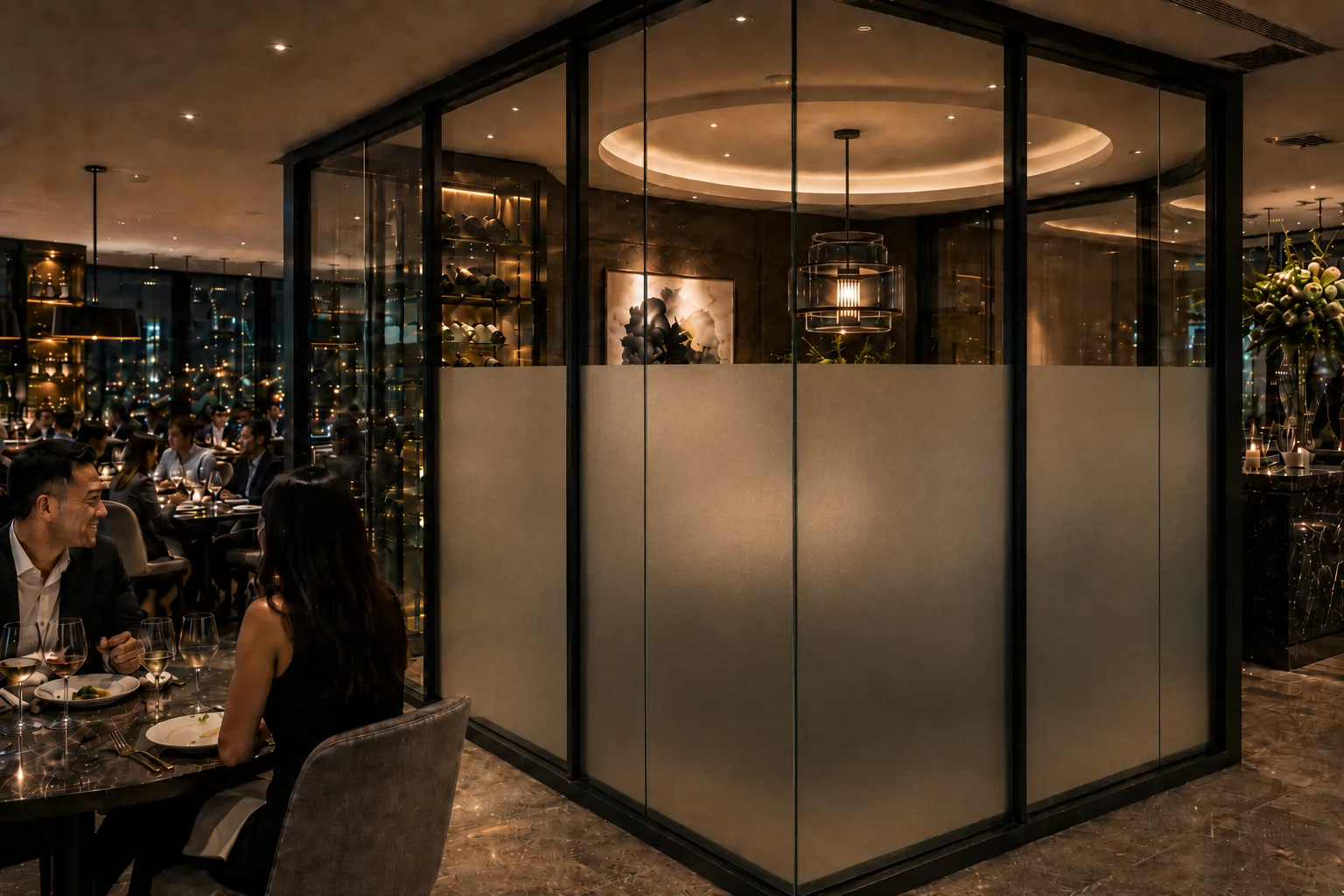 Restaurant private dining room with private smart glass