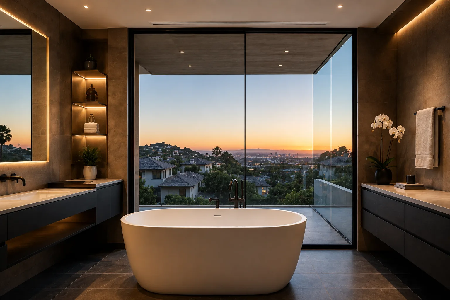 Bathroom with a city view with clear smart glass