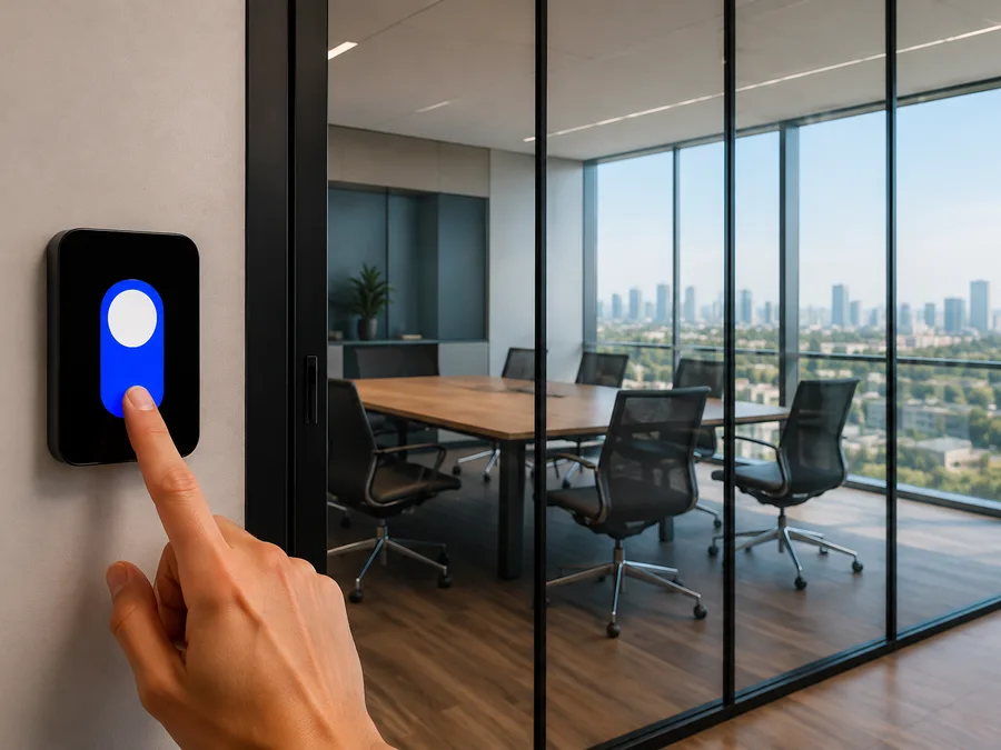 A hand pressing a wall switch beside a glass-walled meeting room