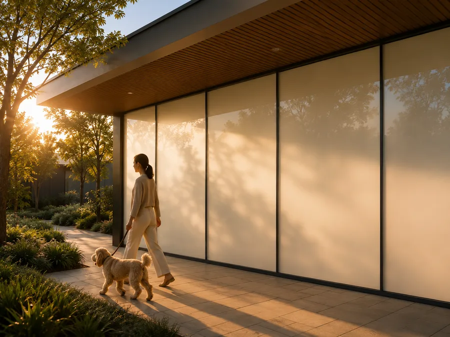 A woman walking a dog past a glass facade turned private at sunset