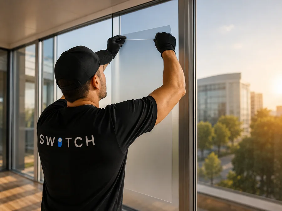 A SWITCH installer applying the film to an existing window